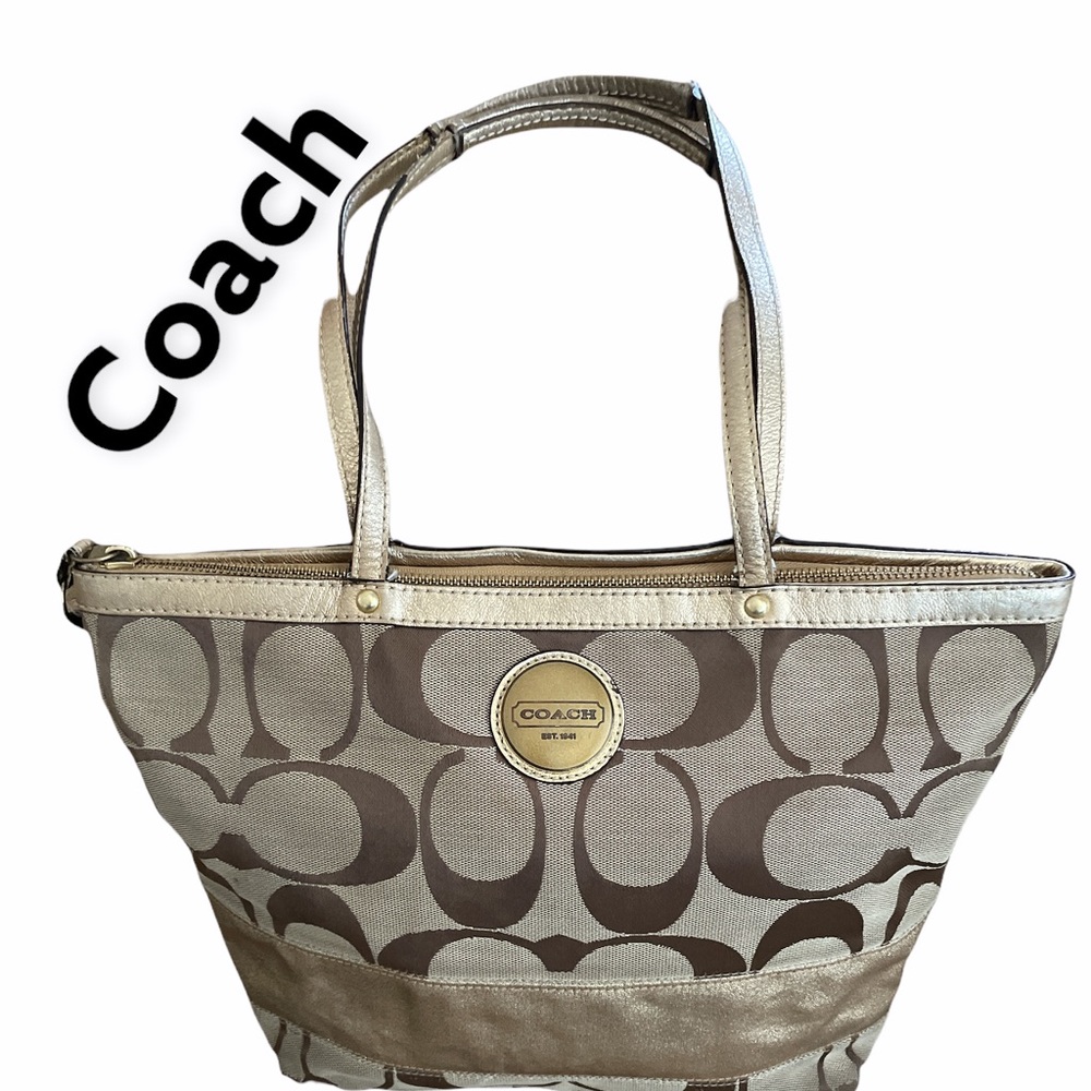 Coach Monogram aGold/Tan Leather Handbag
